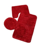 SDJMa 3pc Solid Non Slip Soft Bath Rug Set for Bathroom U-Shaped Contour Rug, Mat and Toilet Lid Cover New (Red)